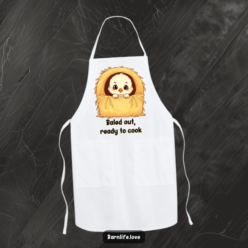 Funny chick apron featuring a fluffy baby bird with wide, curious eyes peeking from a hay bale, protecting clothes with adorable farm-themed style.