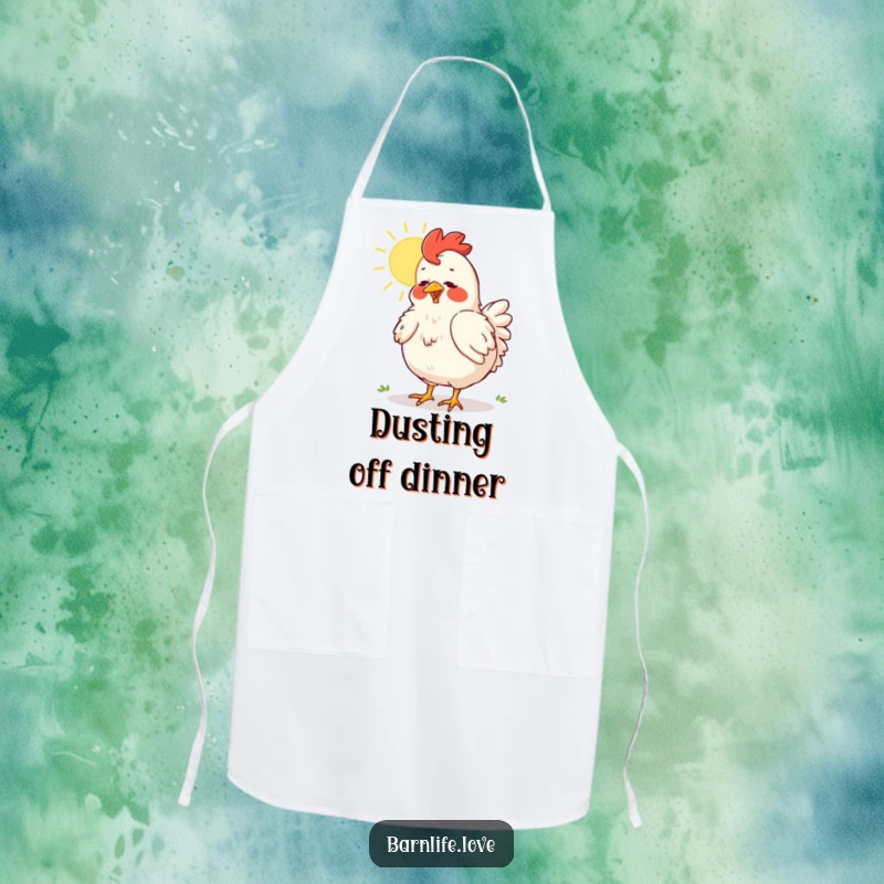 Funny chicken apron featuring a happy hen dusting feathers in the sun, ideal for kitchen humor and protection.