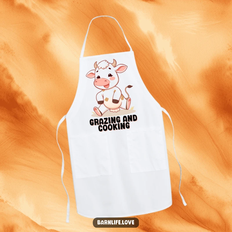 Funny calf apron showing a happy young cow stretching its legs in the morning sun, keeping clothes clean with cheerful farm style.