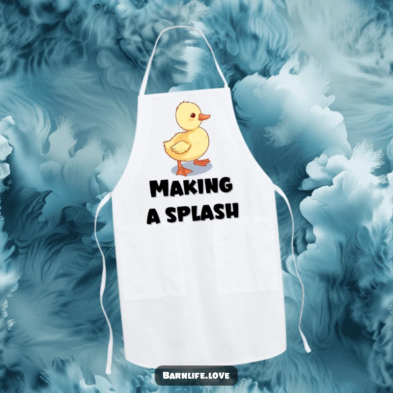 Funny Apron with a curious duckling waddling towards a shiny water trough, adding farm-fresh humor and practicality to the kitchen.