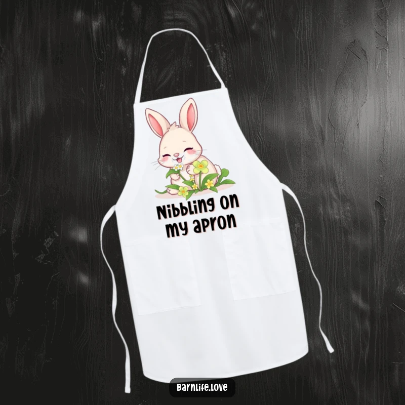 Funny giggling bunny apron featuring a happy rabbit nibbling clover, perfect for kitchen fun and protection.