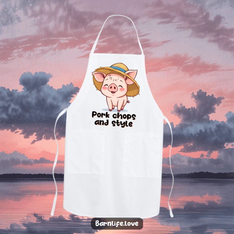 Funny piglet apron featuring a smiling baby pig wearing a straw hat, keeping clothes clean with cheerful farm-inspired style.