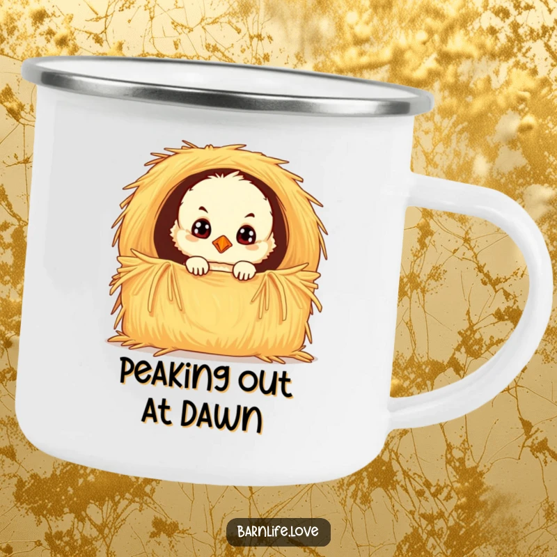 Funny chick camping mug made of durable enamel, featuring a fluffy baby bird with wide, curious eyes peeking from a hay bale for outdoor enjoyment.