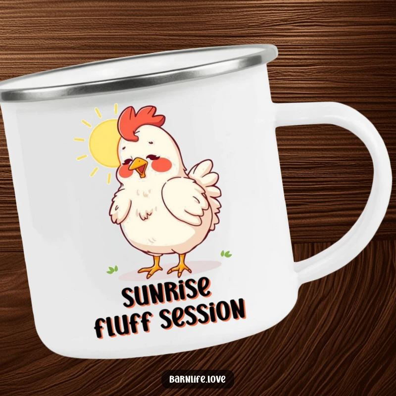 Funny chicken camping mug featuring a happy hen dusting feathers in the sun, designed for outdoor enjoyment.