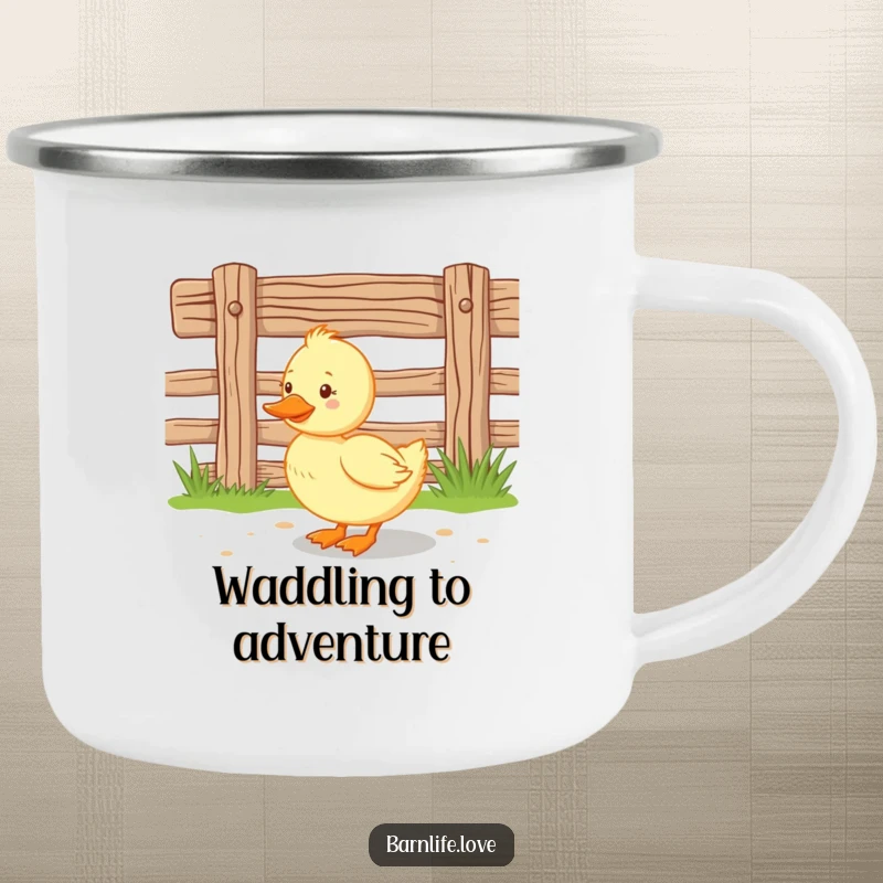 Funny duckling camping mug, durable and cheerful, featuring a happy baby duck waddling near a wooden farm fence for outdoor enjoyment.