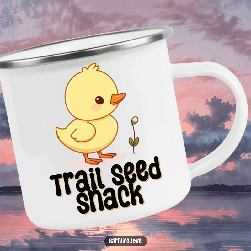 Funny duckling waddling camping mug featuring a cheerful baby duck with a tiny seed, perfect for outdoor enjoyment.