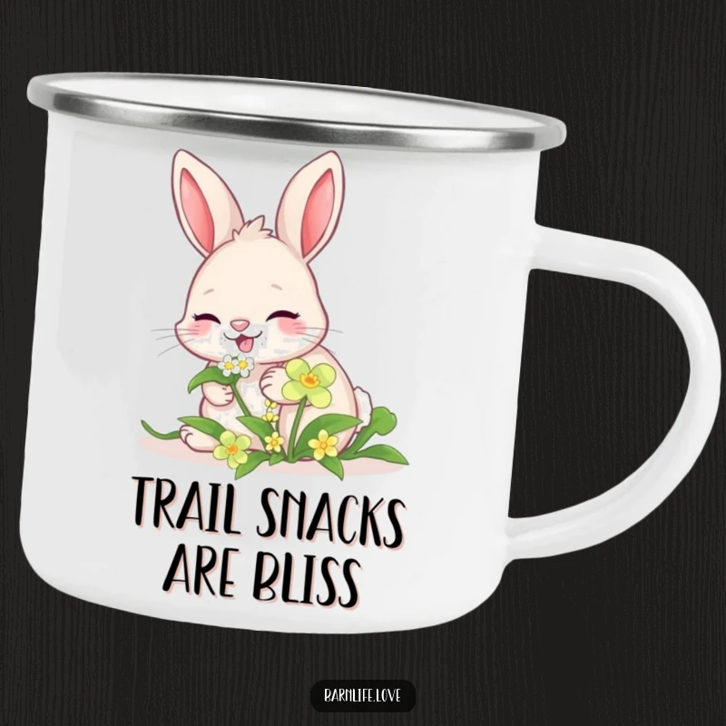 Funny giggling bunny camping mug featuring a happy rabbit nibbling clover, perfect for outdoor refreshment.
