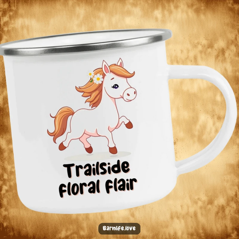 Funny horse trotting camping mug featuring a spirited horse with a daisy, perfect for outdoor enjoyment.