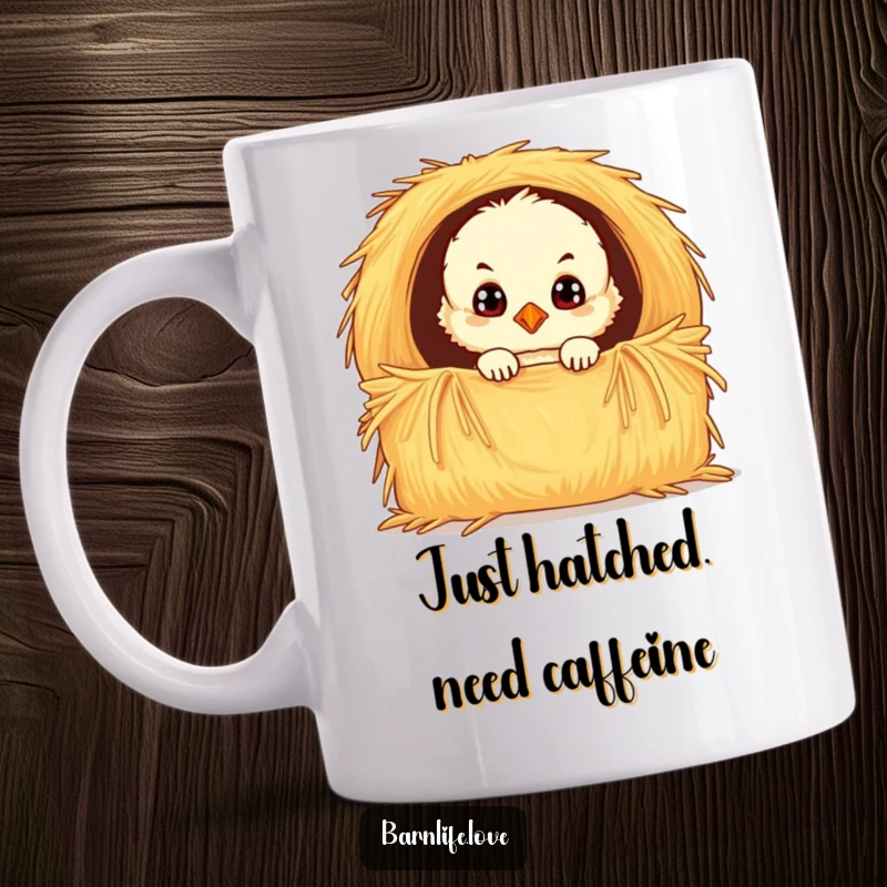 Funny chick mug featuring a fluffy baby bird with wide, curious eyes peeking out from a cozy hay bale, conveying innocent wonder.