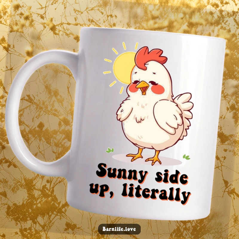 Funny chicken mug with a happy hen dusting feathers in bright, warm sunlight, bringing farmyard joy.