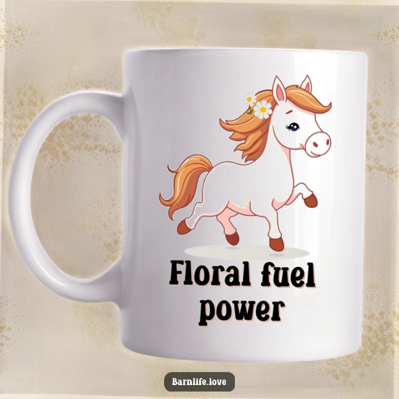 Funny horse trotting mug featuring a spirited steed with a daisy in its mane, capturing equestrian joy.