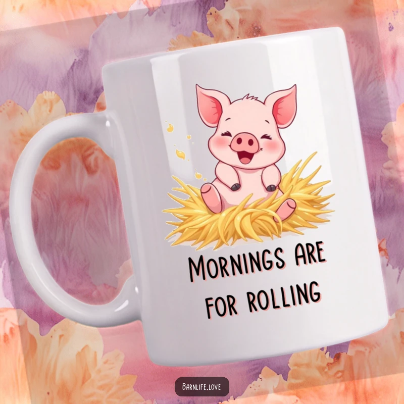 Funny Mug featuring a happy piglet joyfully rolling in fresh hay, kicking up dust, radiating pure, unadulterated farm fun.