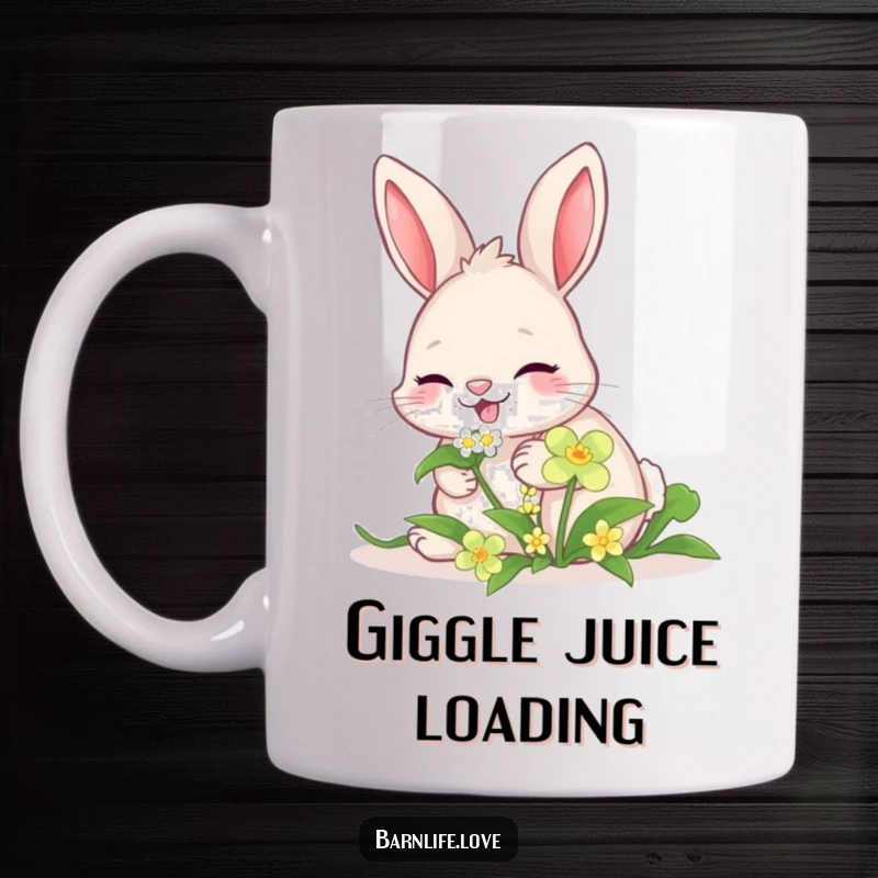 Funny giggling bunny mug featuring a happy rabbit nibbling sweet clover, radiating pure joy and cuteness.