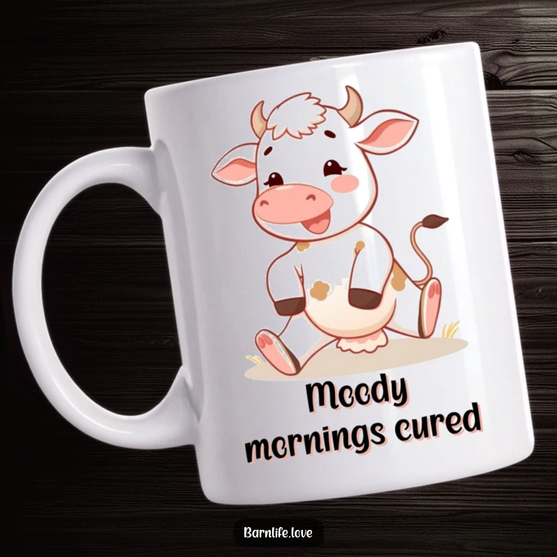 Funny calf mug depicting a happy young cow stretching its legs in the warm morning sun, radiating energy and farm freshness.