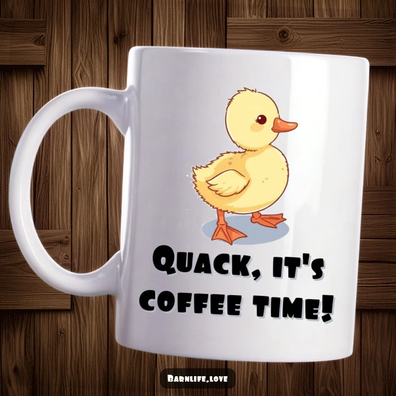 Funny Mug featuring a curious duckling waddling towards a shiny water trough, radiating charming farmyard adventure.