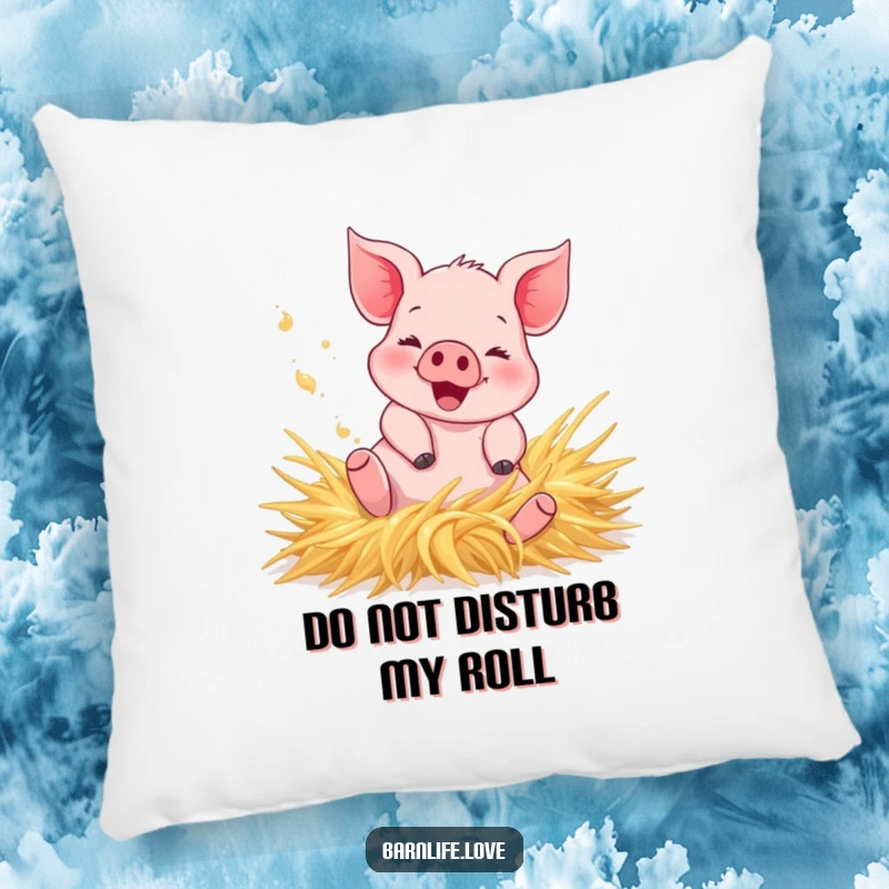 Funny Pillow featuring a happy piglet rolling in hay, kicking up dust, offering soft, humorous farm-themed comfort and decor.