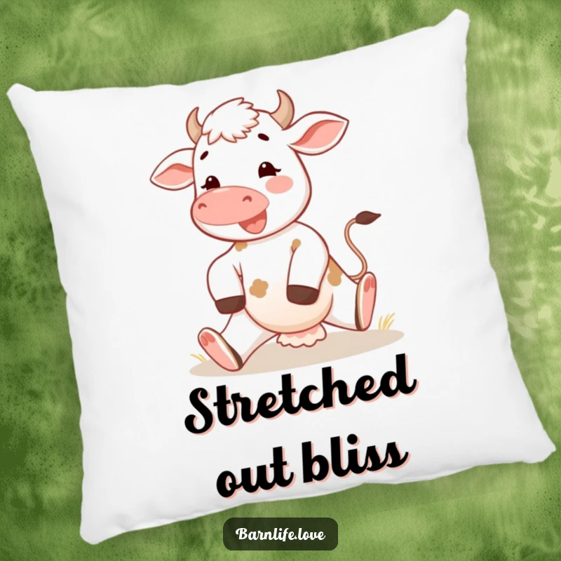 Funny calf pillow featuring a happy young cow stretching its legs in the morning sun, offering cozy comfort and cheerful farm decor.