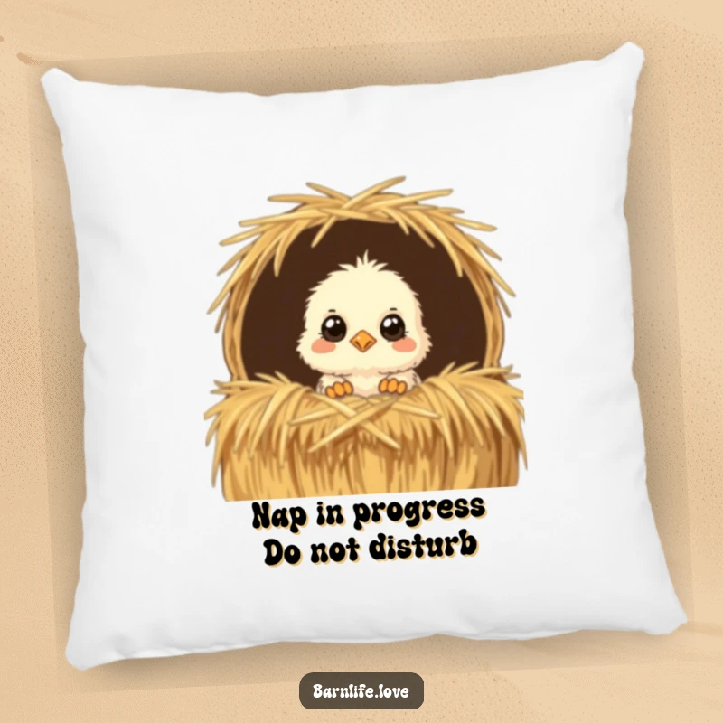 Funny Pillow featuring a fluffy baby chick peeking from a straw bale, offering soft, humorous farm-themed comfort and decor.