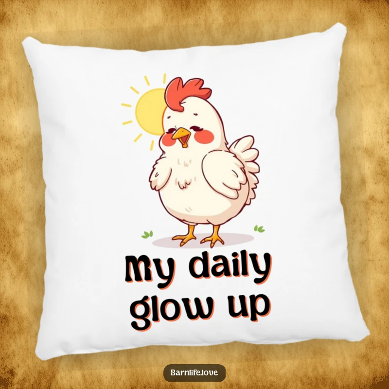 Funny chicken pillow showcasing a content hen dusting its feathers in the sun, offering comfort and humor.
