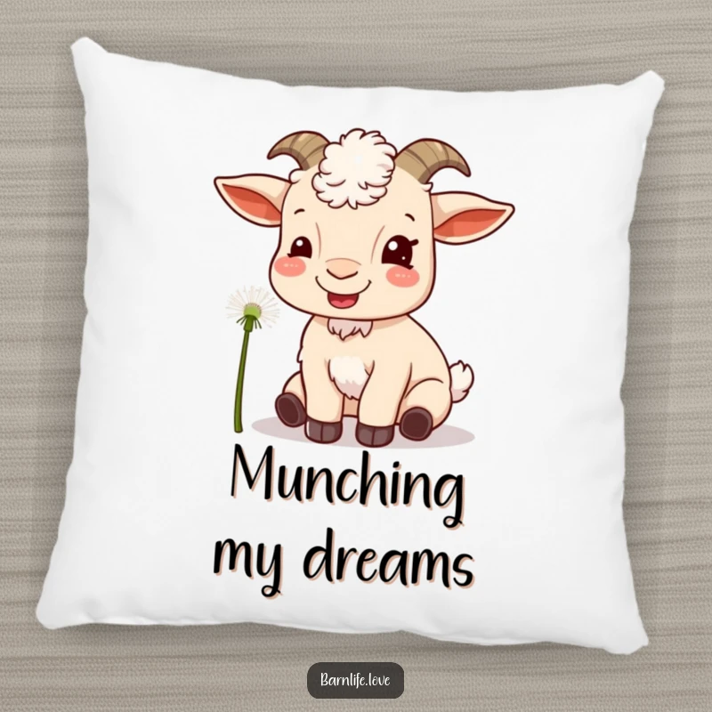 Funny goat munching pillow showing a content goat eating a dandelion, offering comfort and farm humor.