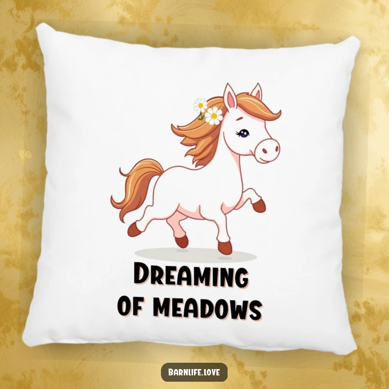Funny horse trotting pillow showing a spirited horse with a daisy in its mane, combining comfort and humor.