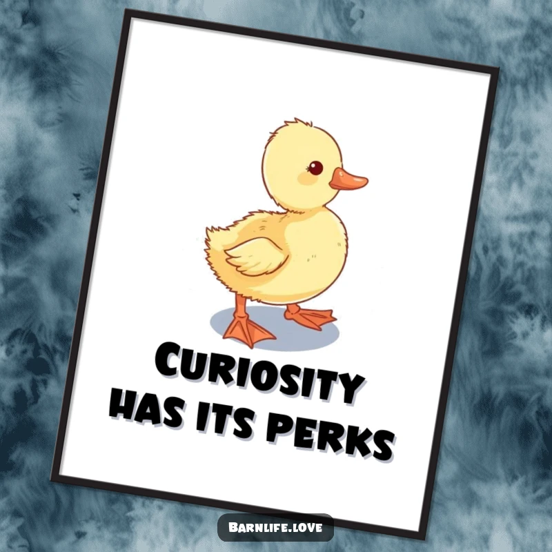 Funny Digital Art Print: a curious duckling waddling towards a shiny water trough, creating whimsical and humorous farm-themed wall decor.