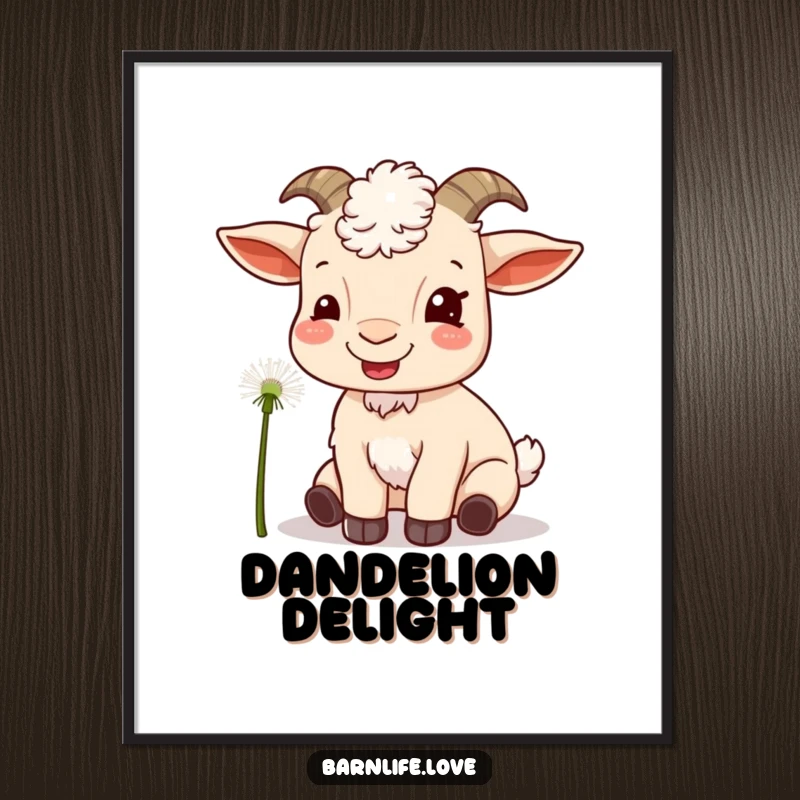 Funny goat munching digital art print of a content goat eating a dandelion, perfect for instant download.