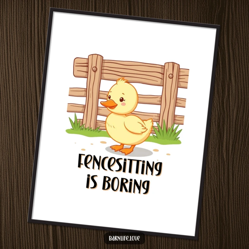 Funny duckling digital art print of a happy baby duck waddling near a wooden farm fence, ideal for cheerful, farm-themed wall decor.