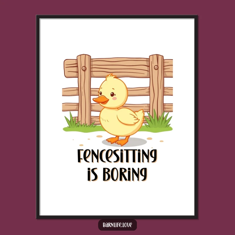 Funny Duckling Digital Art: Happy Farm Animal Decor, Fence Scene Instant Print