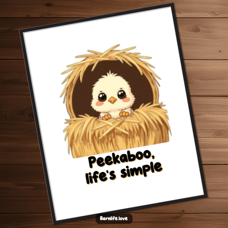 Funny Digital Art Print: a fluffy chick with curious eyes peeking from a straw bale, creating whimsical and humorous farm-themed wall decor.