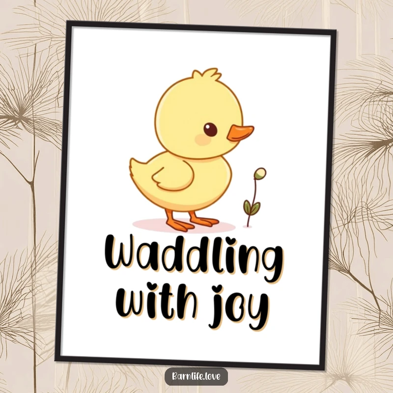 Funny duckling waddling digital art print of a cheerful baby duck with a tiny seed, ready for download.