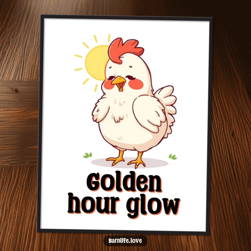 Funny chicken digital art print of a happy hen dusting feathers in warm sunlight, perfect for instant download.