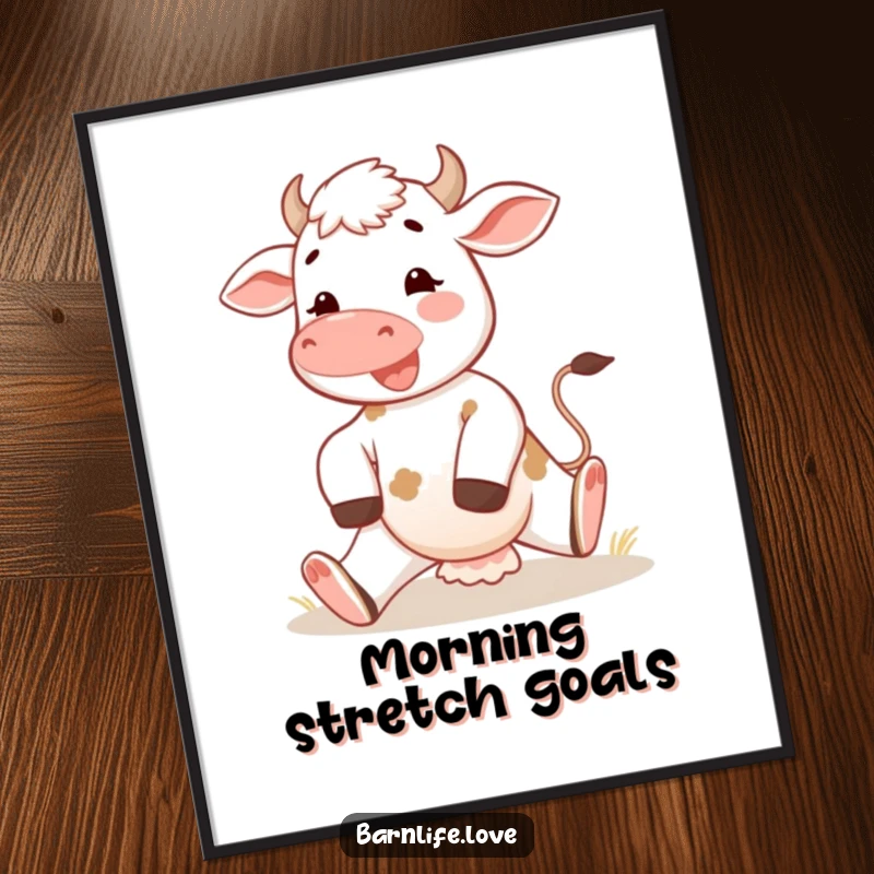 Funny calf digital art print of a happy young cow stretching its legs in the morning sun, ideal for cheerful, farm-themed wall decor.