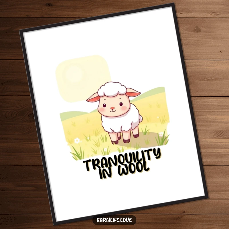 Funny Digital Art Print: a contented sheep with soft wool grazing in a sunlit field, creating serene and humorous farm-themed wall decor.