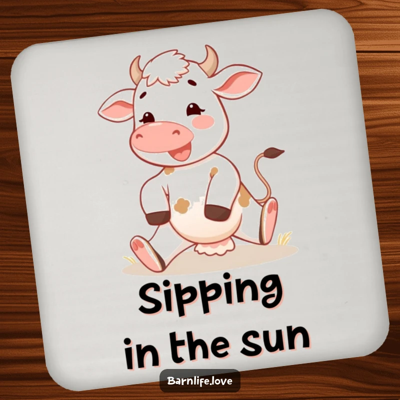 Funny calf coasters featuring a happy young cow stretching its legs in the morning sun, offering stylish protection for drink surfaces.