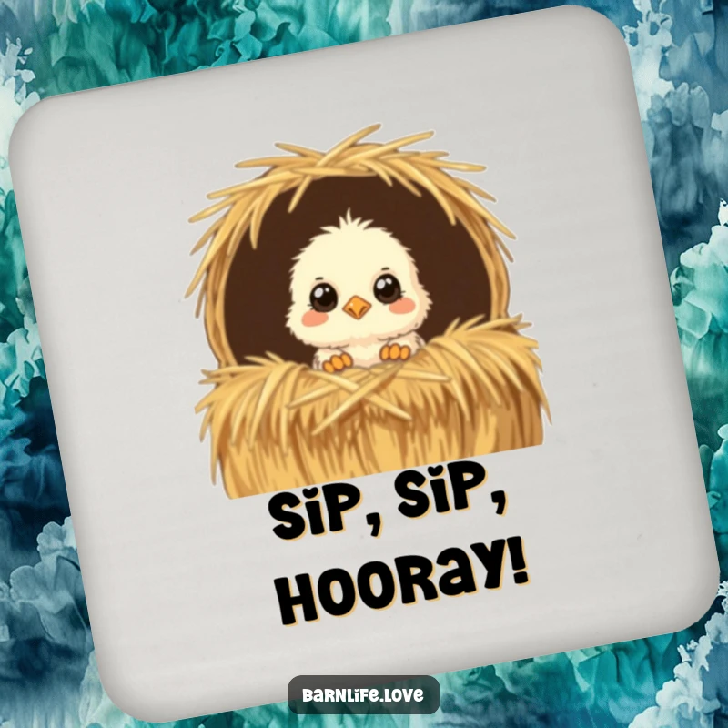 Funny Drink Coaster with a fluffy chick peeking from a straw bale, offering charming farm-themed protection for tables.