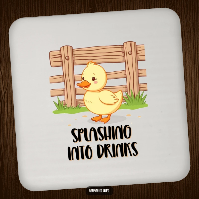 Funny duckling coasters featuring a happy baby duck waddling near a wooden farm fence, offering stylish protection for drink glasses.