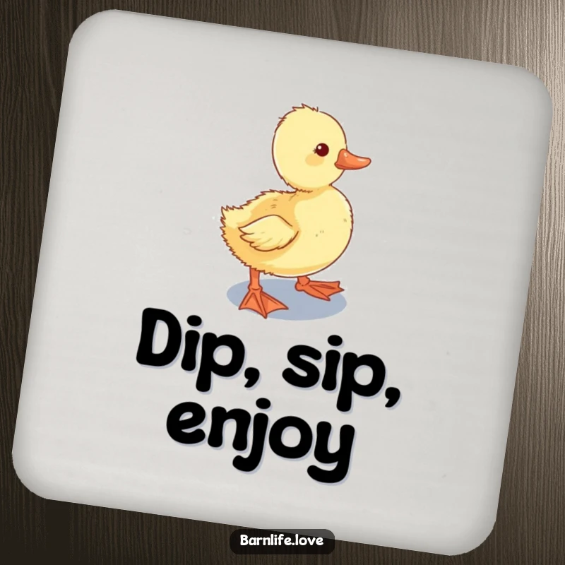 Funny Drink Coaster with a curious duckling waddling towards a shiny water trough, offering charming farm-themed protection for tables.
