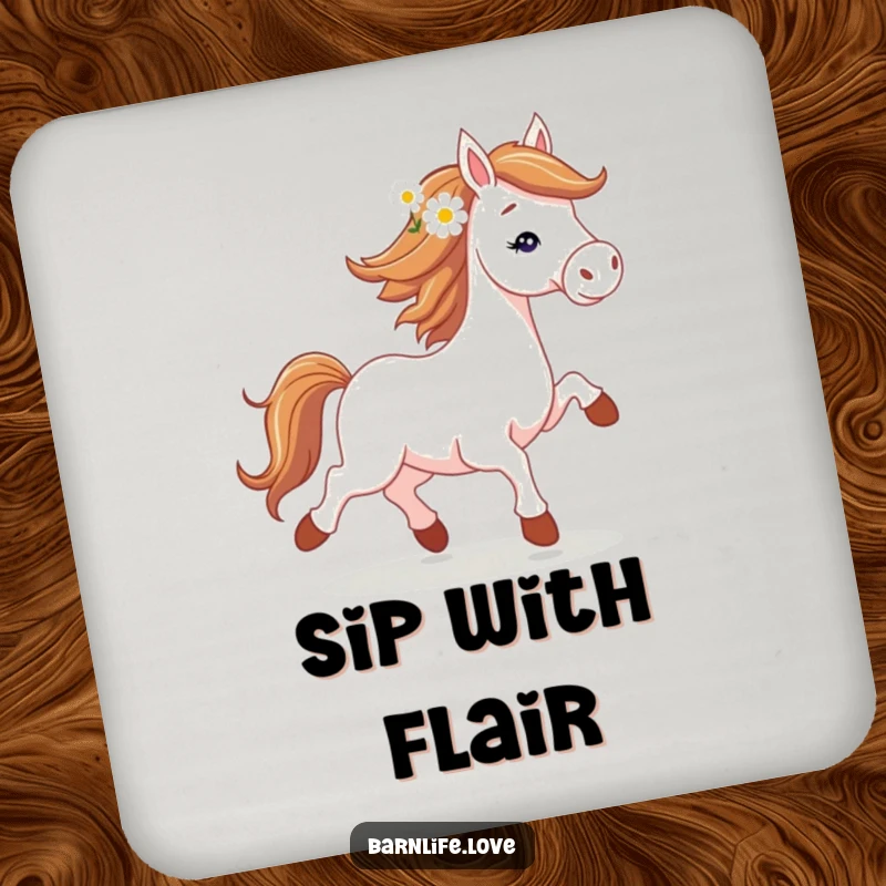 Funny horse trotting coasters showing a spirited horse with a daisy, protecting surfaces with equestrian humor.