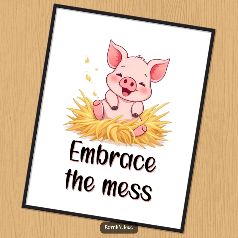 Funny Poster showcasing a happy piglet joyfully rolling in fresh hay, kicking up dust, adding whimsical farm humor to any wall.