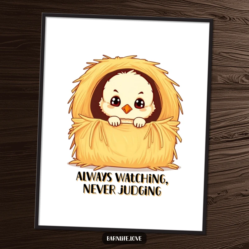 Funny chick poster featuring a fluffy baby bird with wide, curious eyes peeking from a hay bale, creating a heartwarming and cheerful wall art piece.