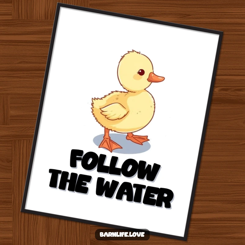 Funny Poster showcasing a curious duckling waddling towards a shiny water trough, adding whimsical farm humor to any wall.