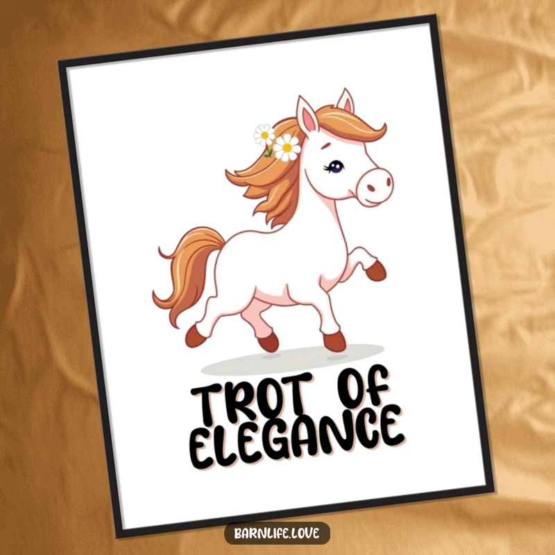 Funny horse trotting poster featuring a spirited horse with a daisy in its mane, elegant and humorous wall art.