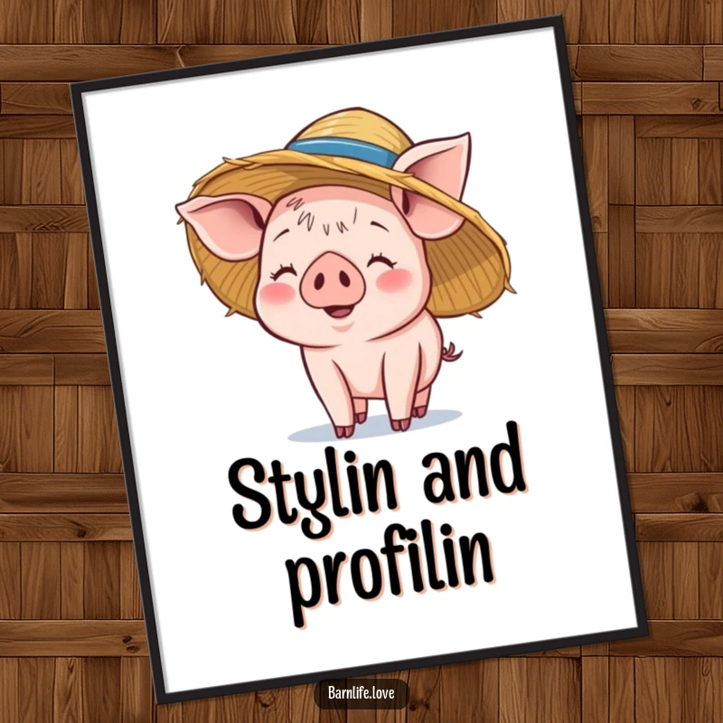 Funny piglet poster showcasing a smiling baby pig wearing a straw hat, radiating happiness and farmstead charm as wall art.