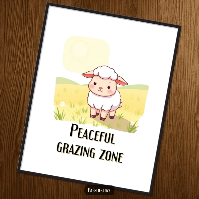 Funny Poster showcasing a contented sheep with soft wool grazing in a sunlit field, adding serene farm humor to any wall.