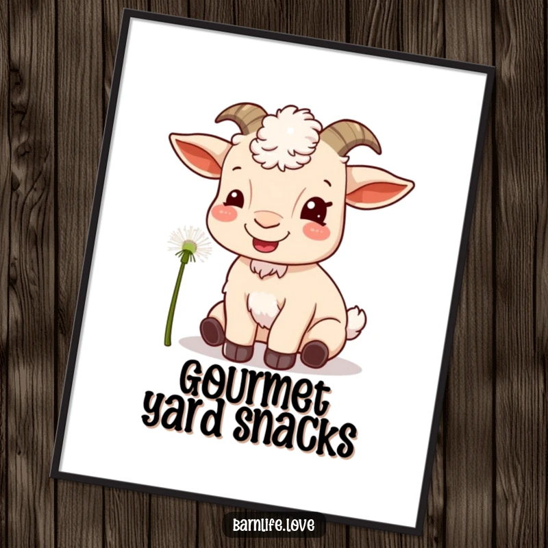 Funny goat munching poster featuring a content goat eating a dandelion, adding humorous farm art.