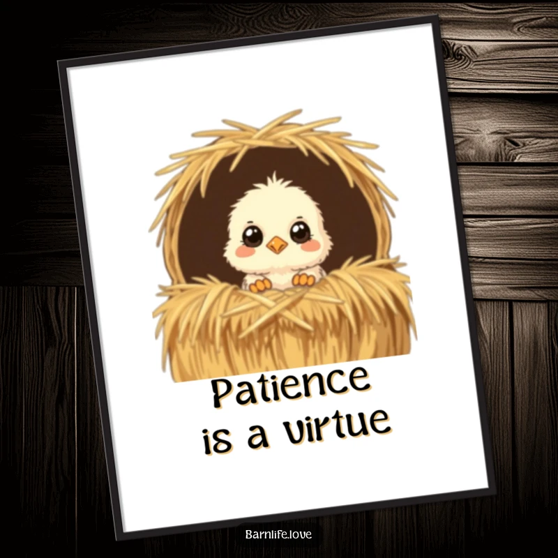 Funny Poster showcasing a fluffy chick with wide, curious eyes peeking from a straw bale, adding a touch of whimsical farm humor to any wall.