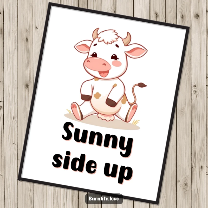 Funny calf poster featuring a happy young cow stretching its legs in the morning sun, creating uplifting and cheerful wall art.