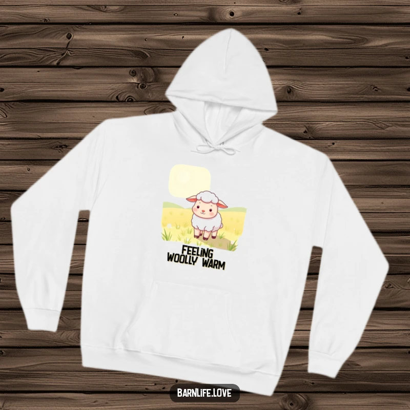 Funny Hoodie featuring a contented sheep with soft wool grazing in a sunlit field, a warm and humorous farm animal apparel choice.