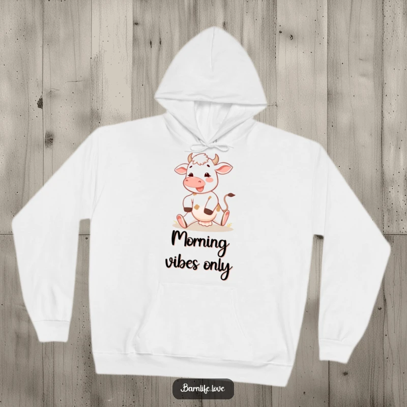 Funny calf hoodie featuring a happy young cow stretching its legs in the morning sun, offering cozy comfort with a cheerful farm theme.
